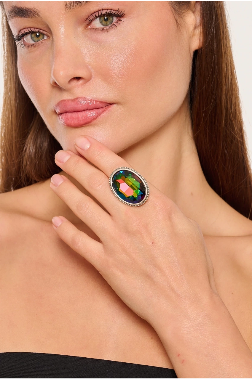 Kiraz Colorful Crystal Silver Plated Ring