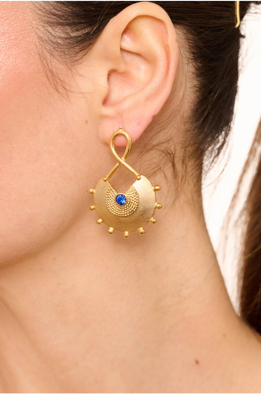 Kiraz Dark Blue Crystal Stoned Gold Plated Earring
