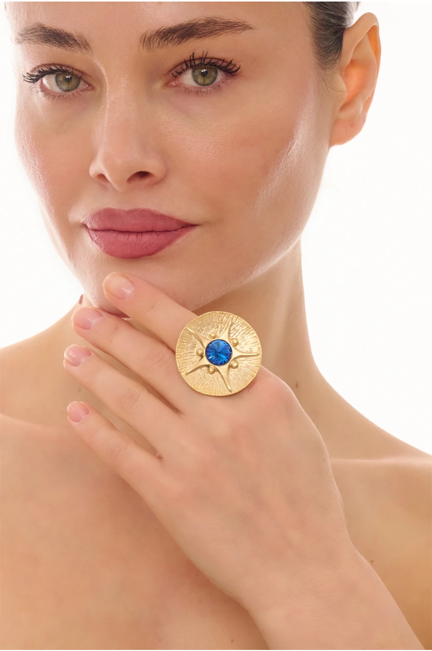 Kiraz Dark Blue Crystal Stoned Gold Plated Ring