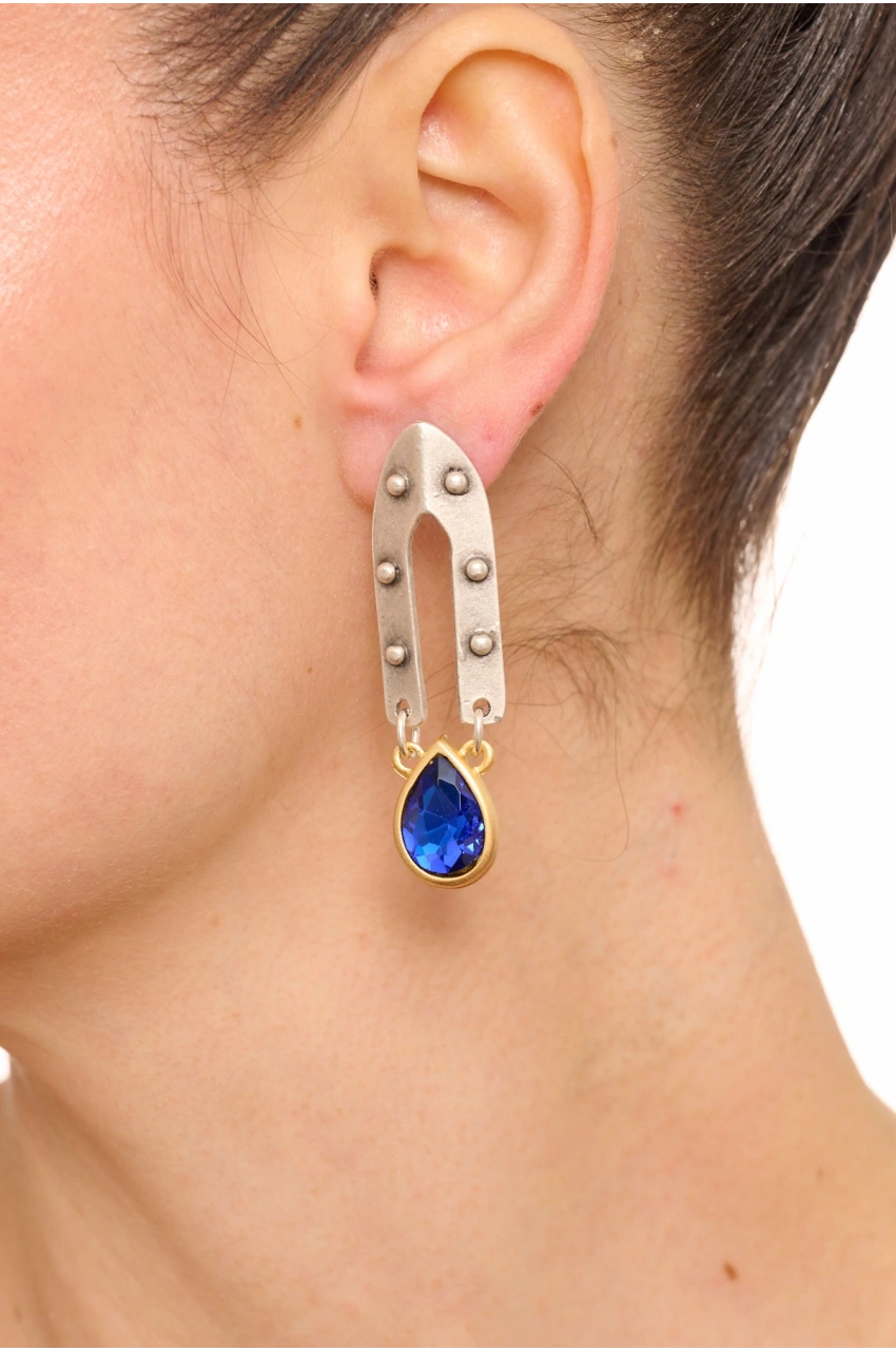 Kiraz Dark Blue Crystal Stoned Silver And Gold Plated Earring