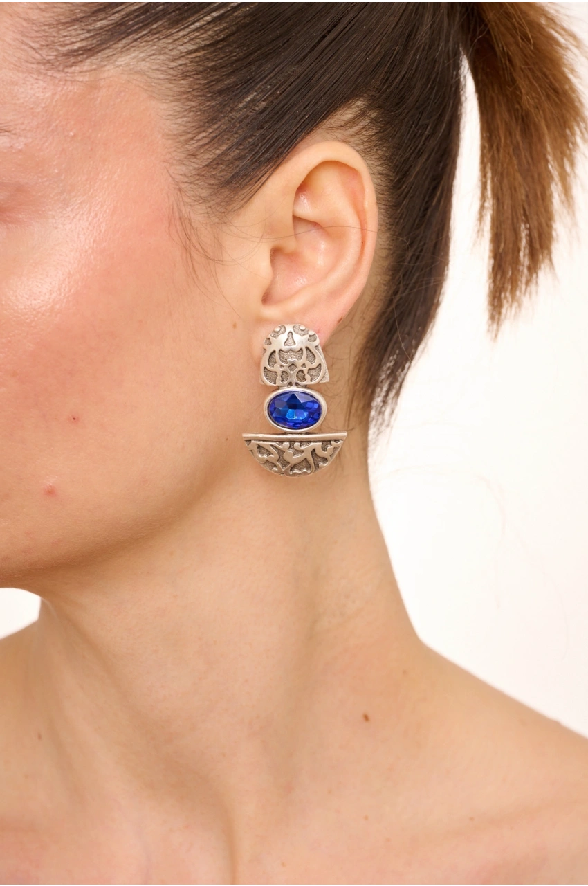 Kiraz Dark Blue Crystal Stoned Silver Plated Earring