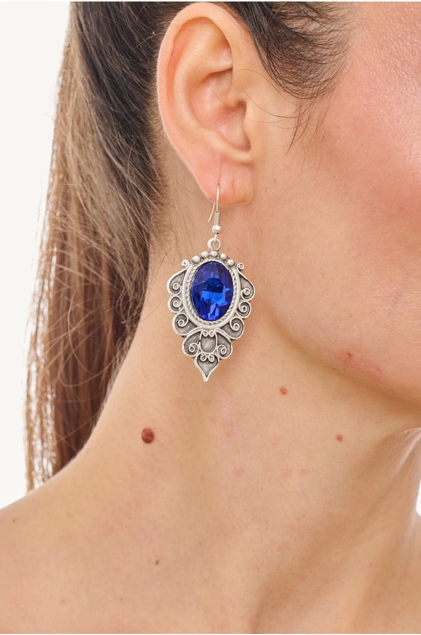 Kiraz Dark Blue Crystal Stoned Silver Plated Earring