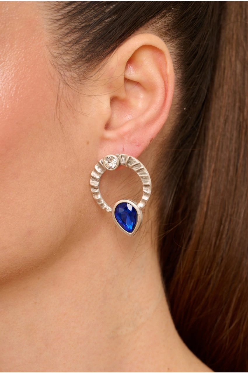 Kiraz Dark Blue Crystal Stoned Silver Plated Earring