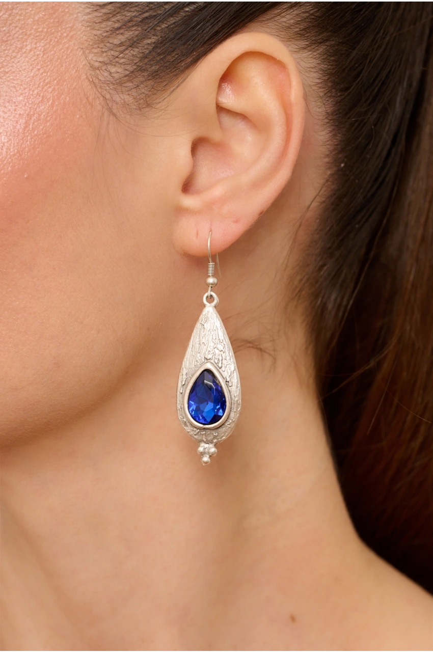 Kiraz Dark Blue Crystal Stoned Silver Plated Earring