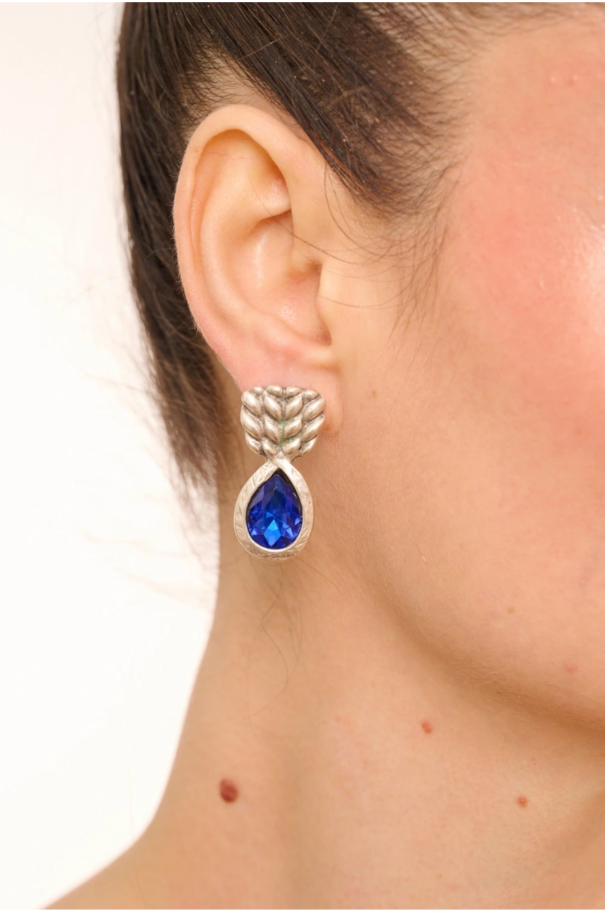 Kiraz Dark Blue Crystal Stoned Silver Plated Earring