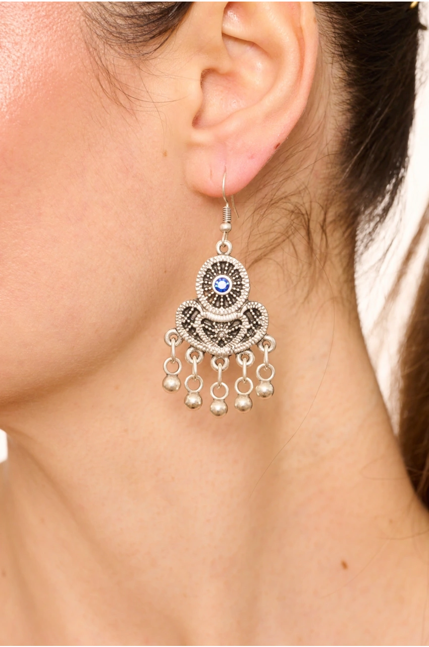 Kiraz Dark Blue Crystal Stoned Silver Plated Earring