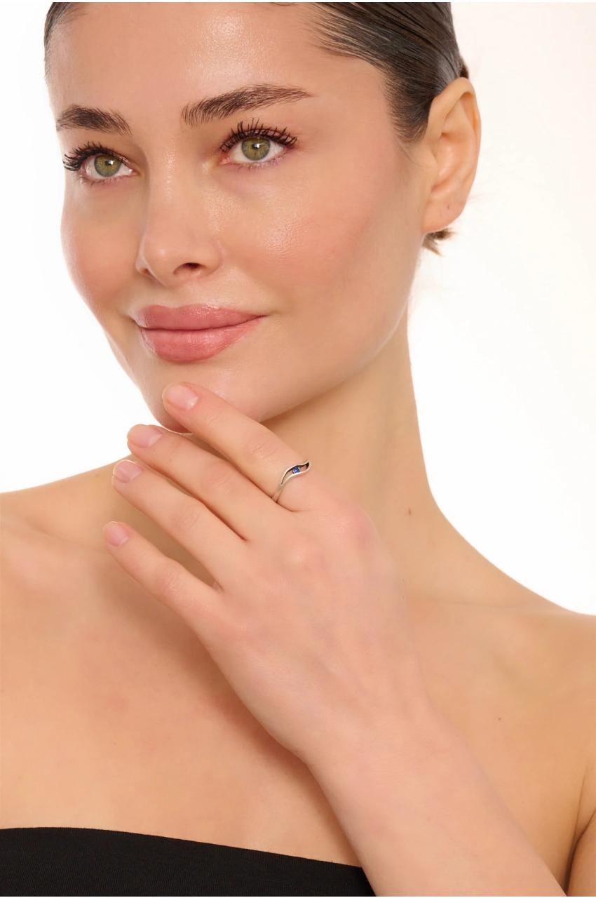 Kiraz Dark Blue Crystal Stoned Silver Plated Ring