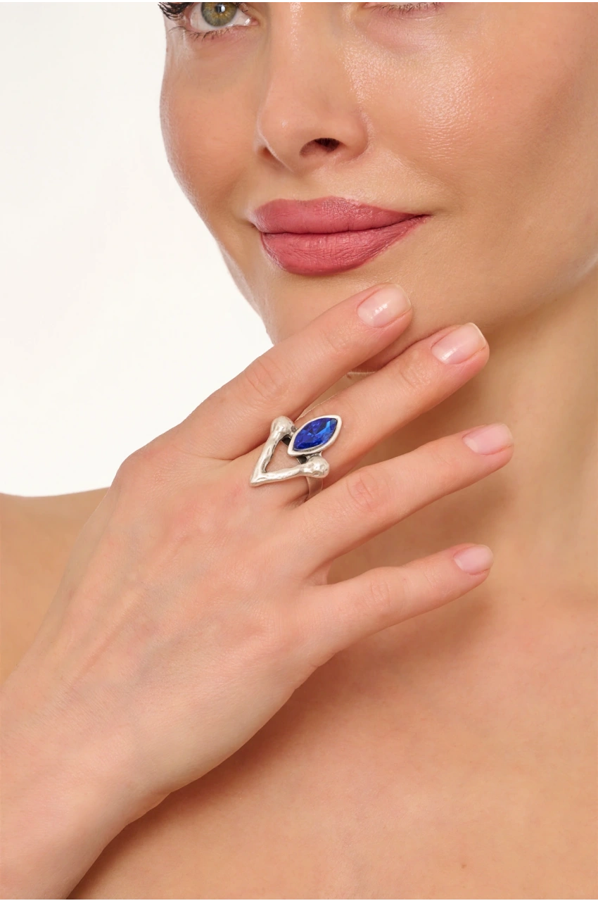 Kiraz Dark Blue Crystal Stoned Silver Plated Ring
