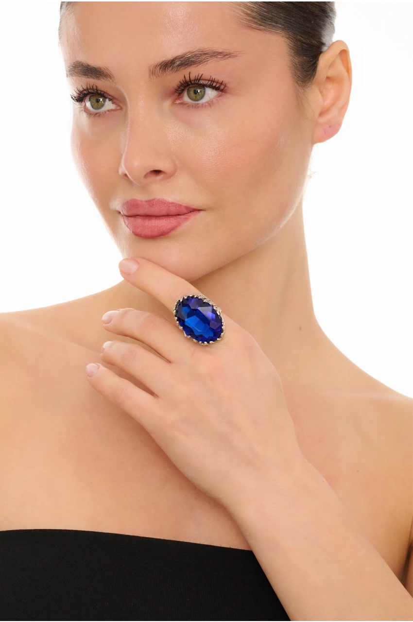 Kiraz Dark Blue Crystal Stoned Silver Plated Ring