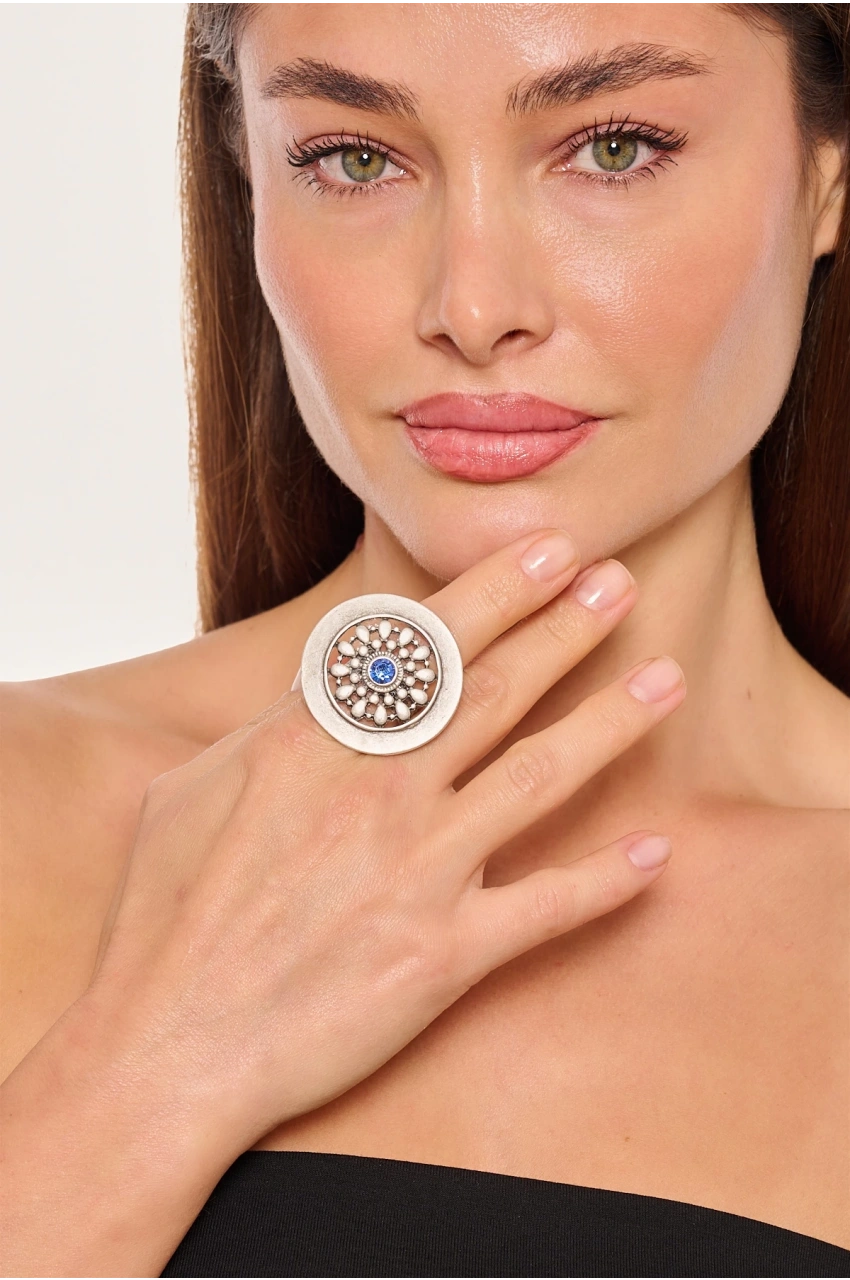 Kiraz Dark Blue Crystal Stoned Silver Plated Ring