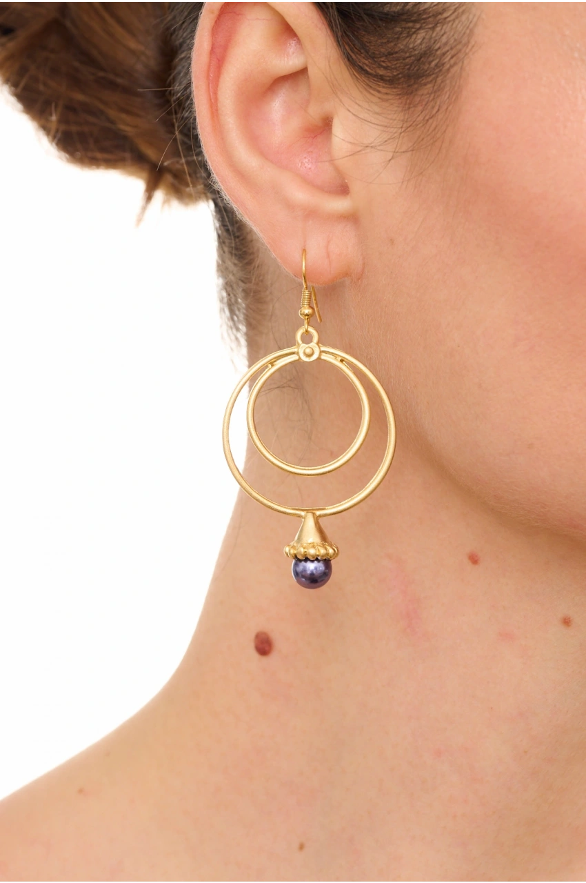 Kiraz Dark Purple Pearl Stoned Gold Plated Earring