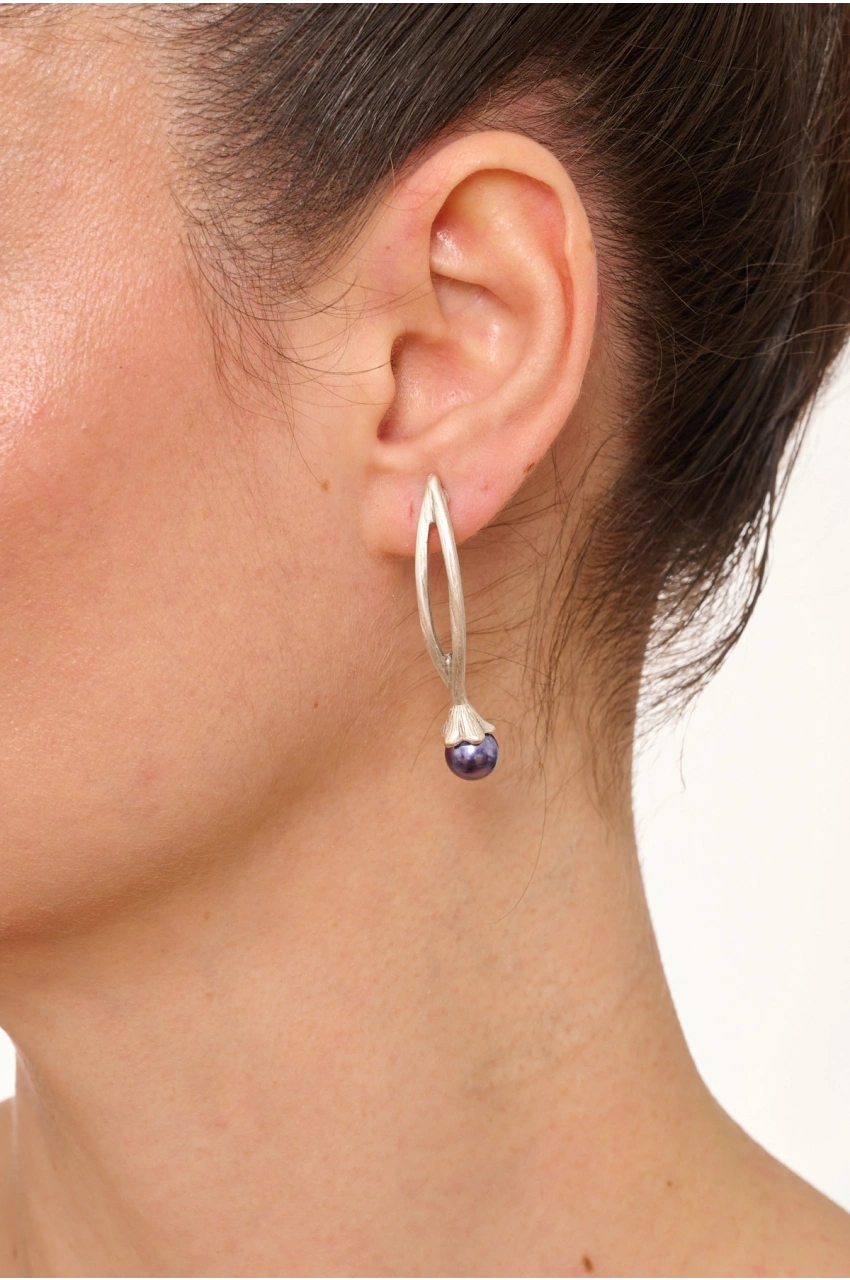 Kiraz Dark Purple Pearl Stoned Silver Plated Earring