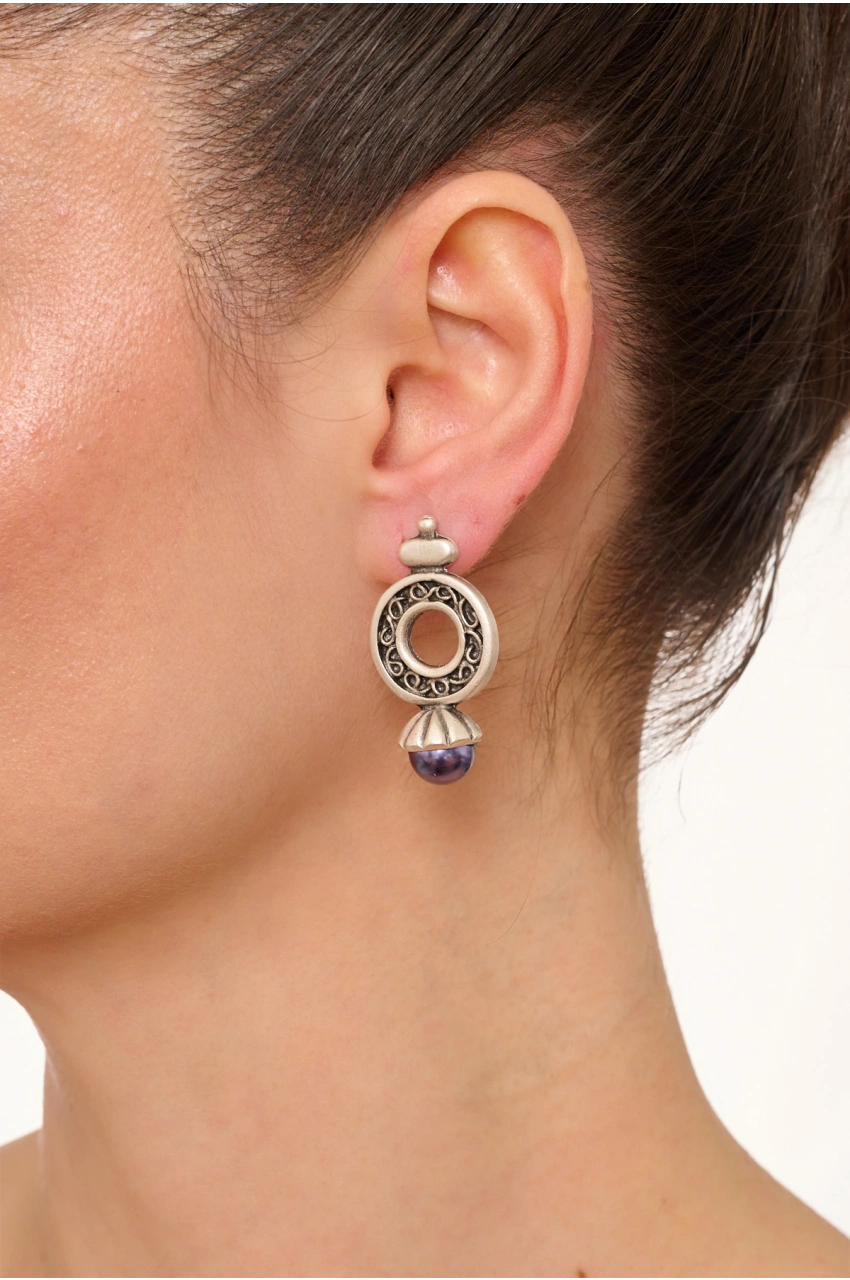 Kiraz Dark Purple Pearl Stoned Silver Plated Earring