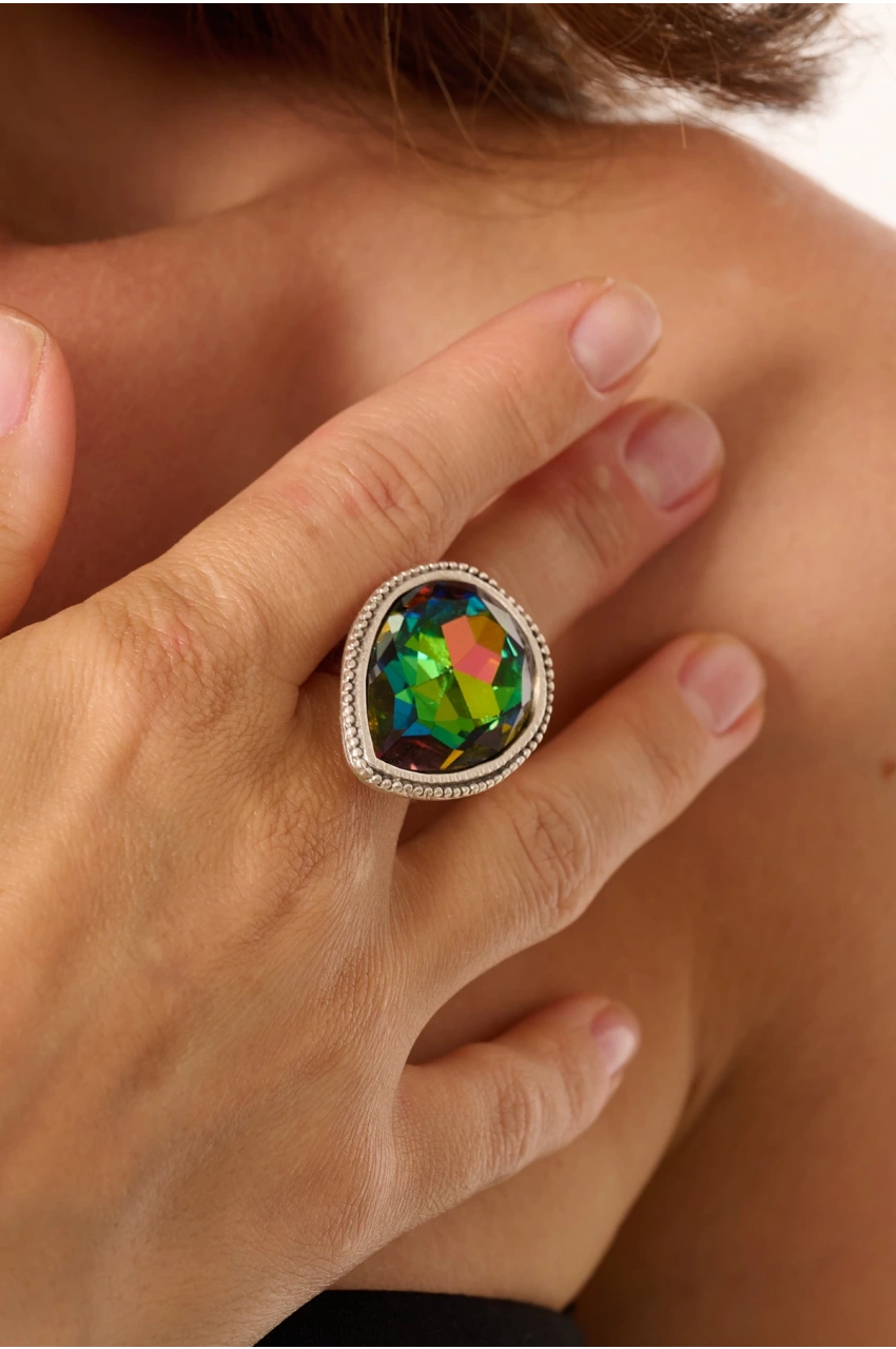 Kiraz Multicolored Crystal Stoned Silver Plated Ring