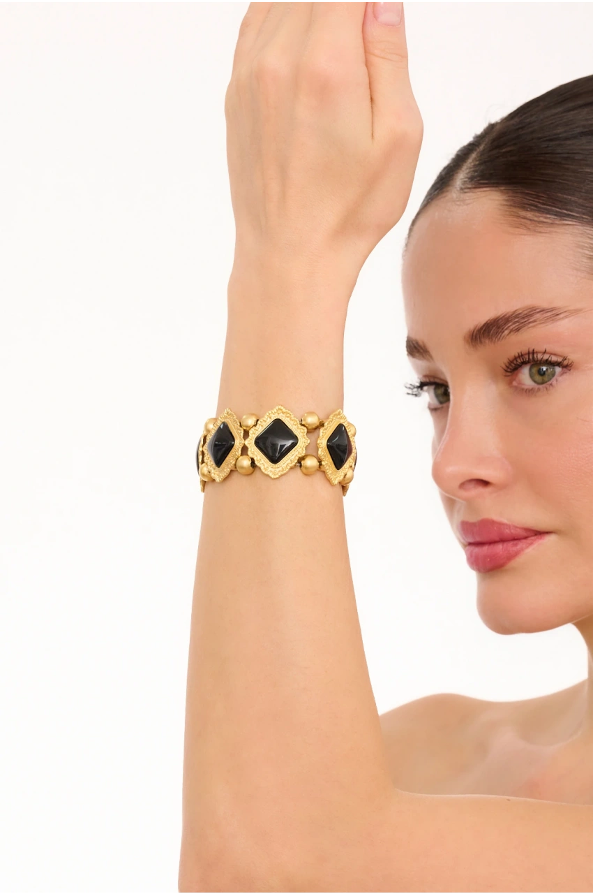 Kiraz Elastic Black Stoned Gold Plated Bracelet