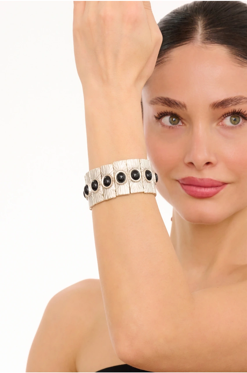 Kiraz Elastic Black Stoned Silver Plated Bracelet