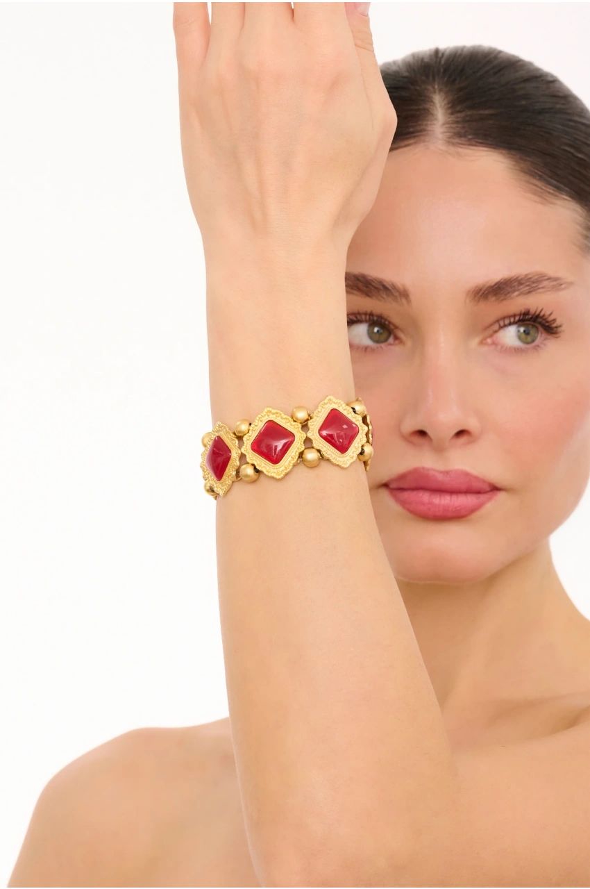 Kiraz Elastic Burgundy Stoned Gold Plated Bracelet