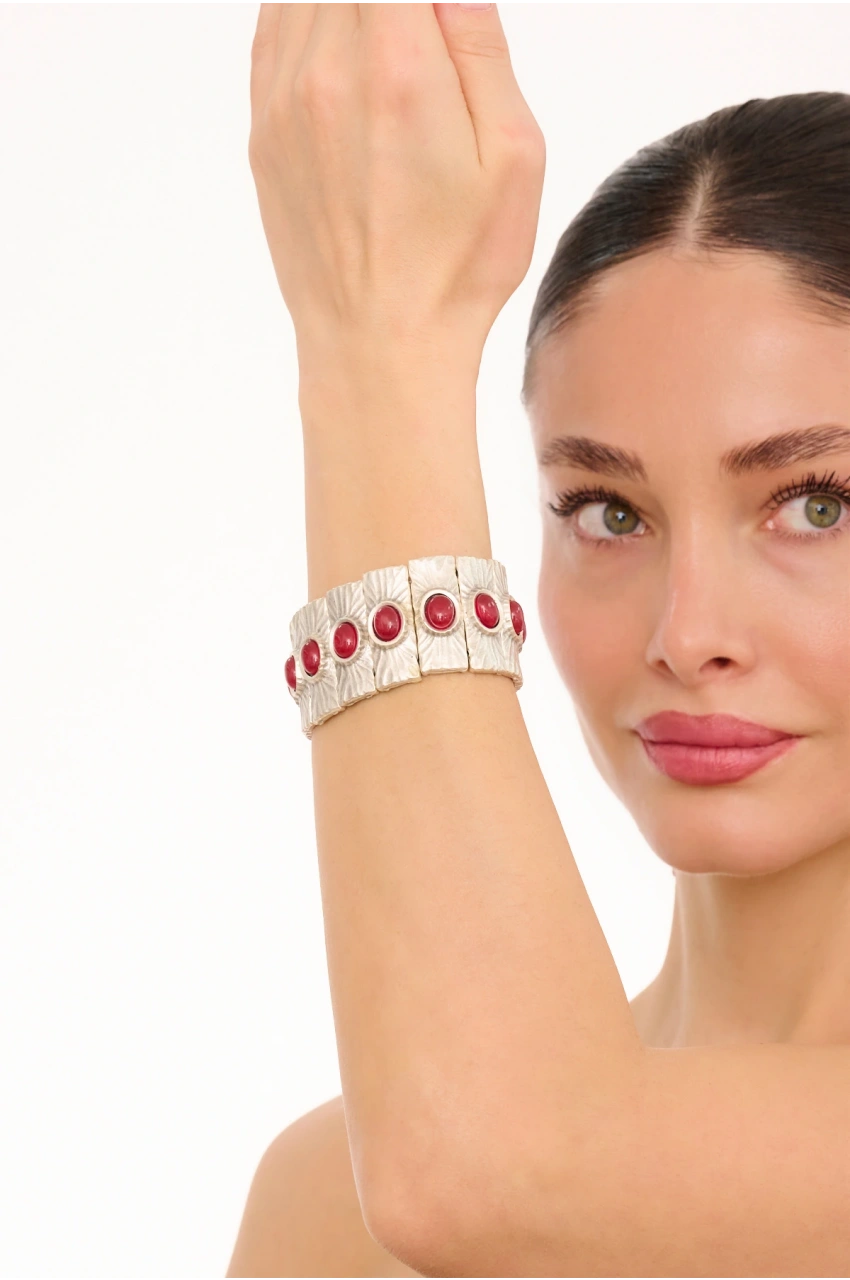 Kiraz Elastic Burgundy Stoned Silver Plated Bracelet