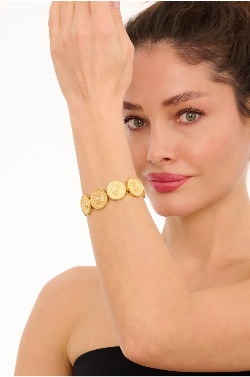 Kiraz Elastic Pearl Stoned Gold Plated Bracelet