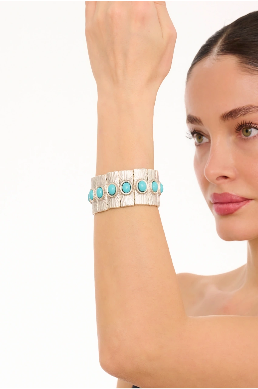 Kiraz Elastic Turquoise Stoned Silver Plated Bracelet