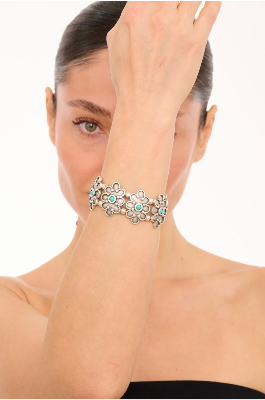 Kiraz Elastic Turquoise Stoned Silver Plated Flower Bracelet