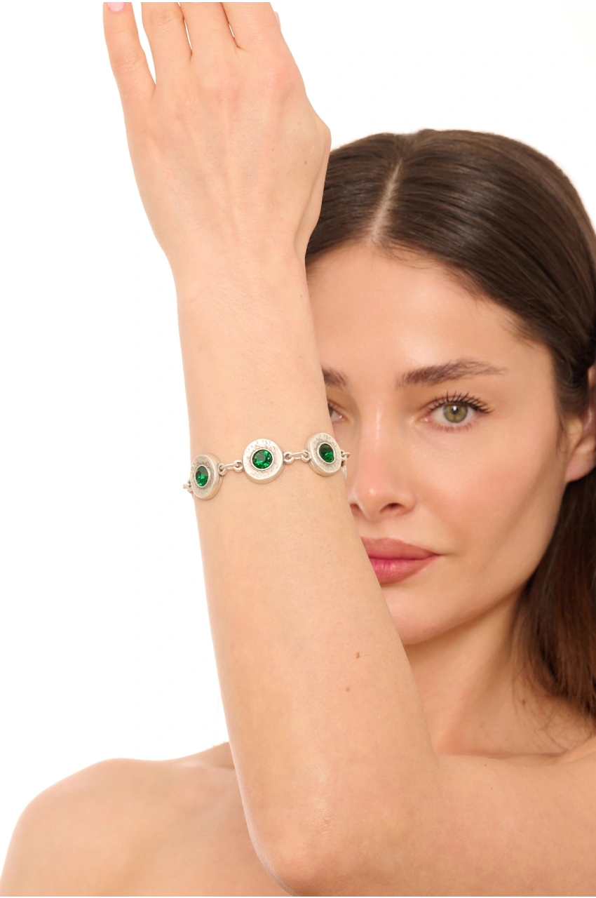 Kiraz Emerald Crystal Stoned Silver Plated Bracelet