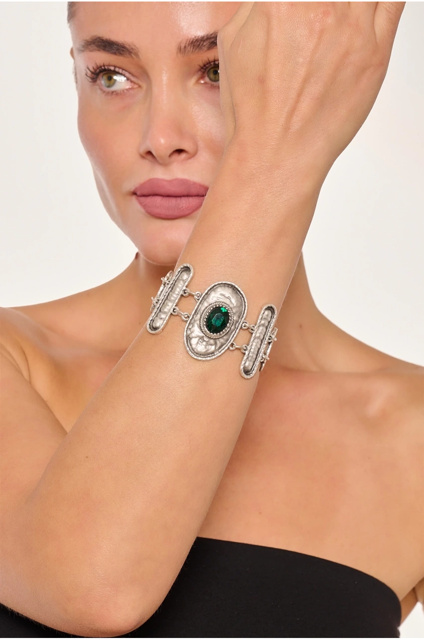 Kiraz Emerald Crystal Stoned Silver Plated Bracelet