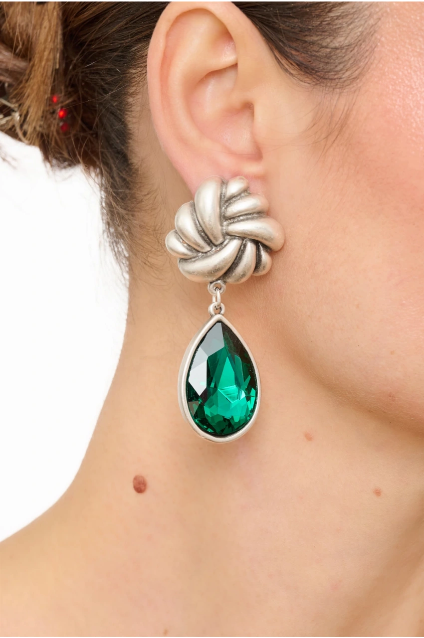 Kiraz Emerald Crystal Stoned Silver Plated Earring