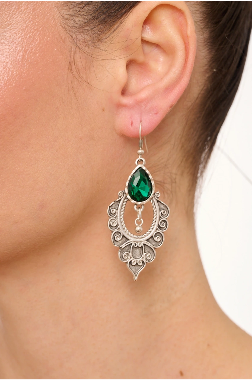 Kiraz Emerald Crystal Stoned Silver Plated Earring