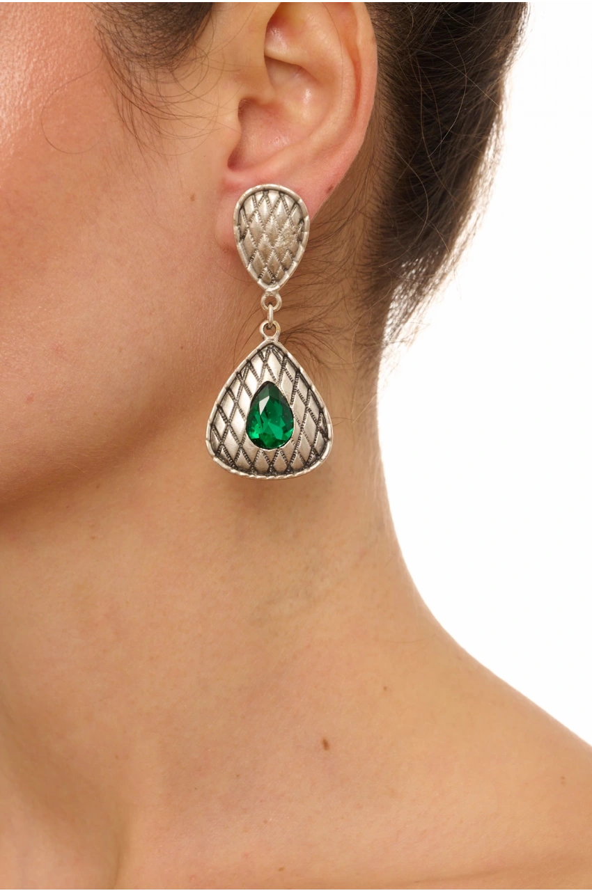 Kiraz Emerald Crystal Stoned Silver Plated Earring
