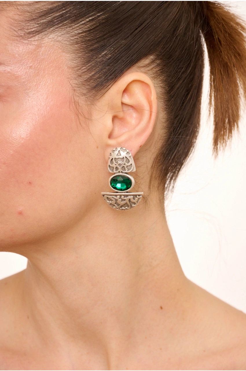Kiraz Emerald Crystal Stoned Silver Plated Earring