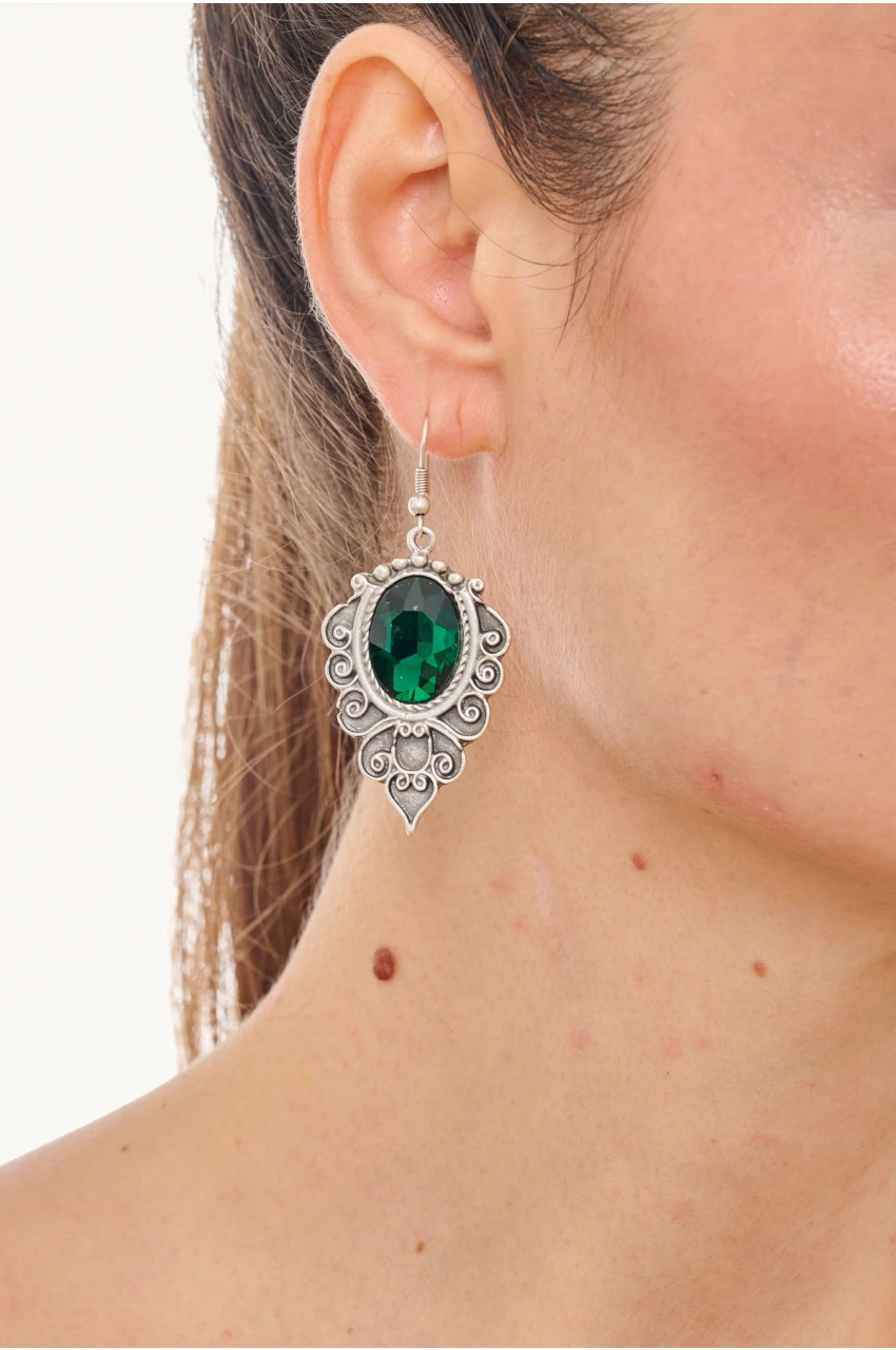 Kiraz Emerald Crystal Stoned Silver Plated Earring