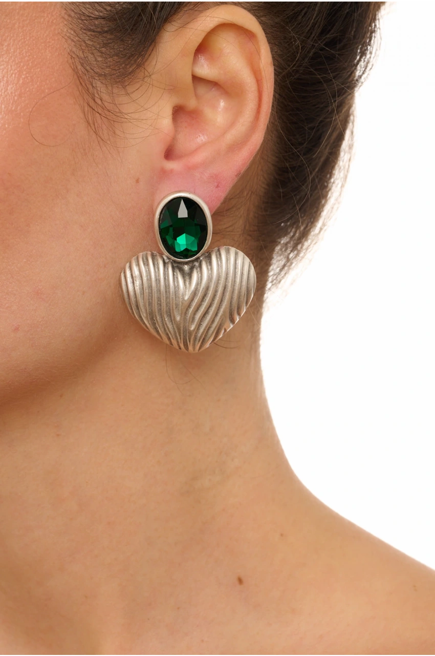 Kiraz Emerald Crystal Stoned Silver Plated Heart Earring