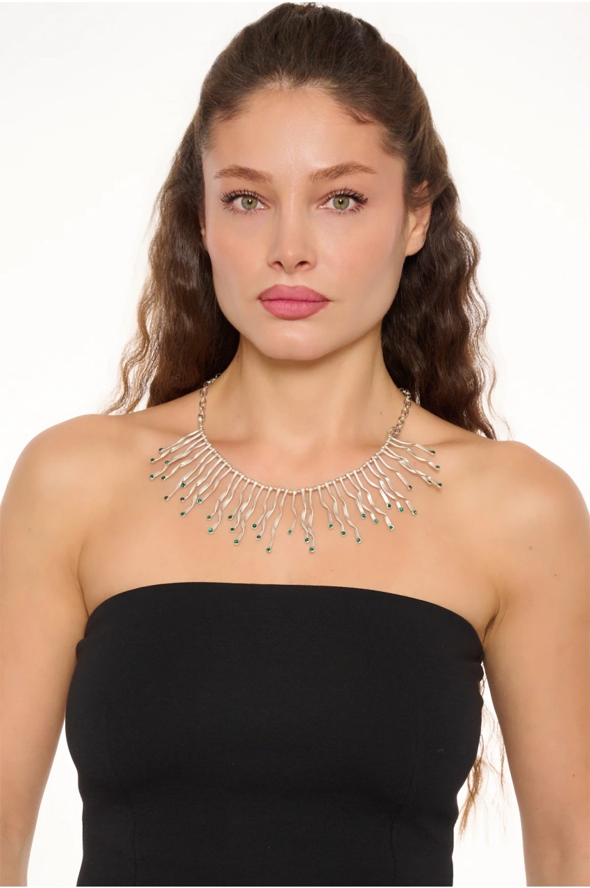 Kiraz Emerald Crystal Stoned Silver Plated Lightning Necklace