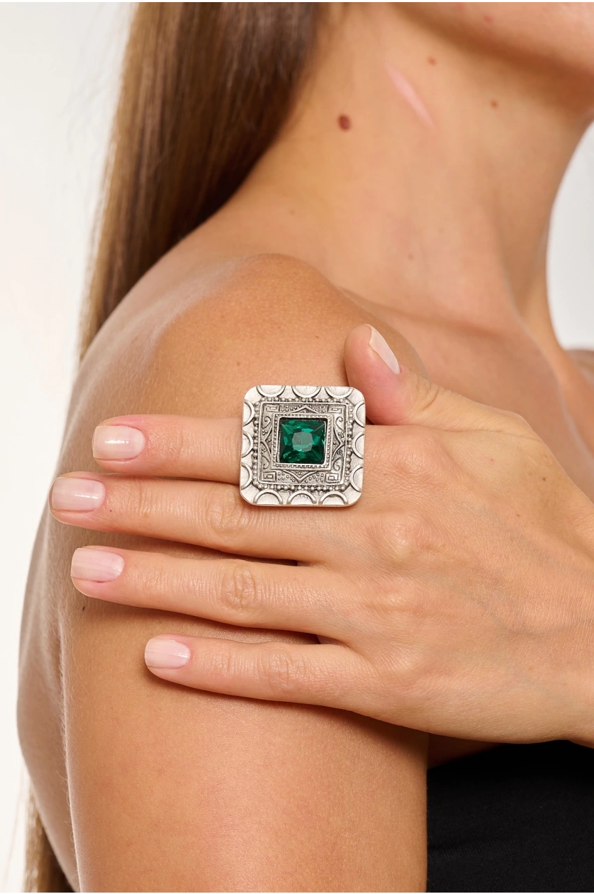 Kiraz Emerald Crystal Stoned Silver Plated Ring