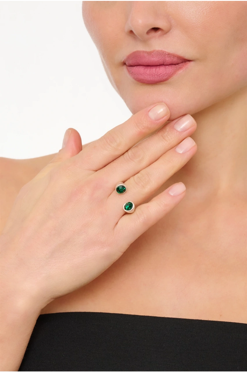 Kiraz Emerald Crystal Stoned Silver Plated Ring