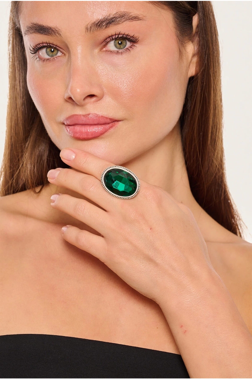 Kiraz Emerald Crystal Stoned Silver Plated Ring