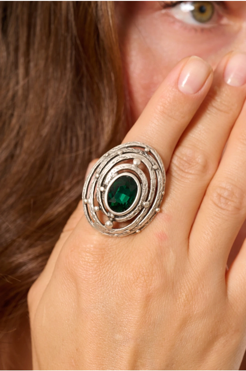 Kiraz Emerald Crystal Stoned Silver Plated Ring