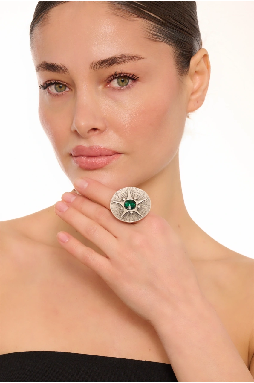 Kiraz Emerald Crystal Stoned Silver Plated Ring
