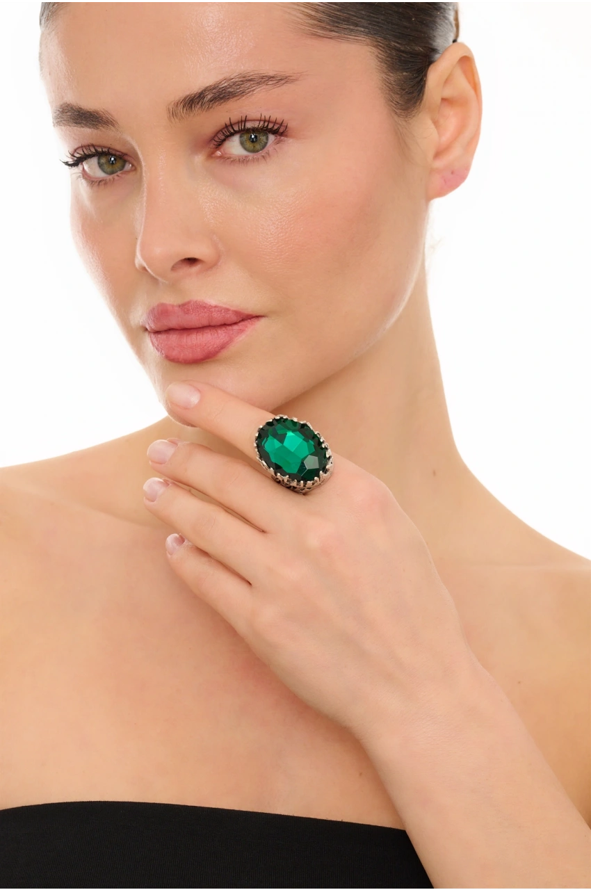Kiraz Emerald Crystal Stoned Silver Plated Ring
