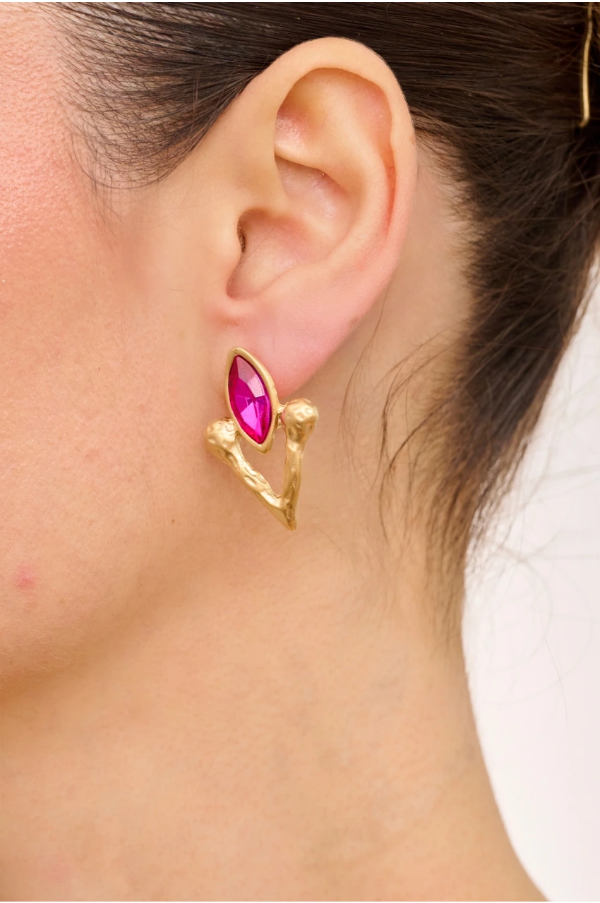 Kiraz Fuchsia Crystal Stoned Gold Plated Earring