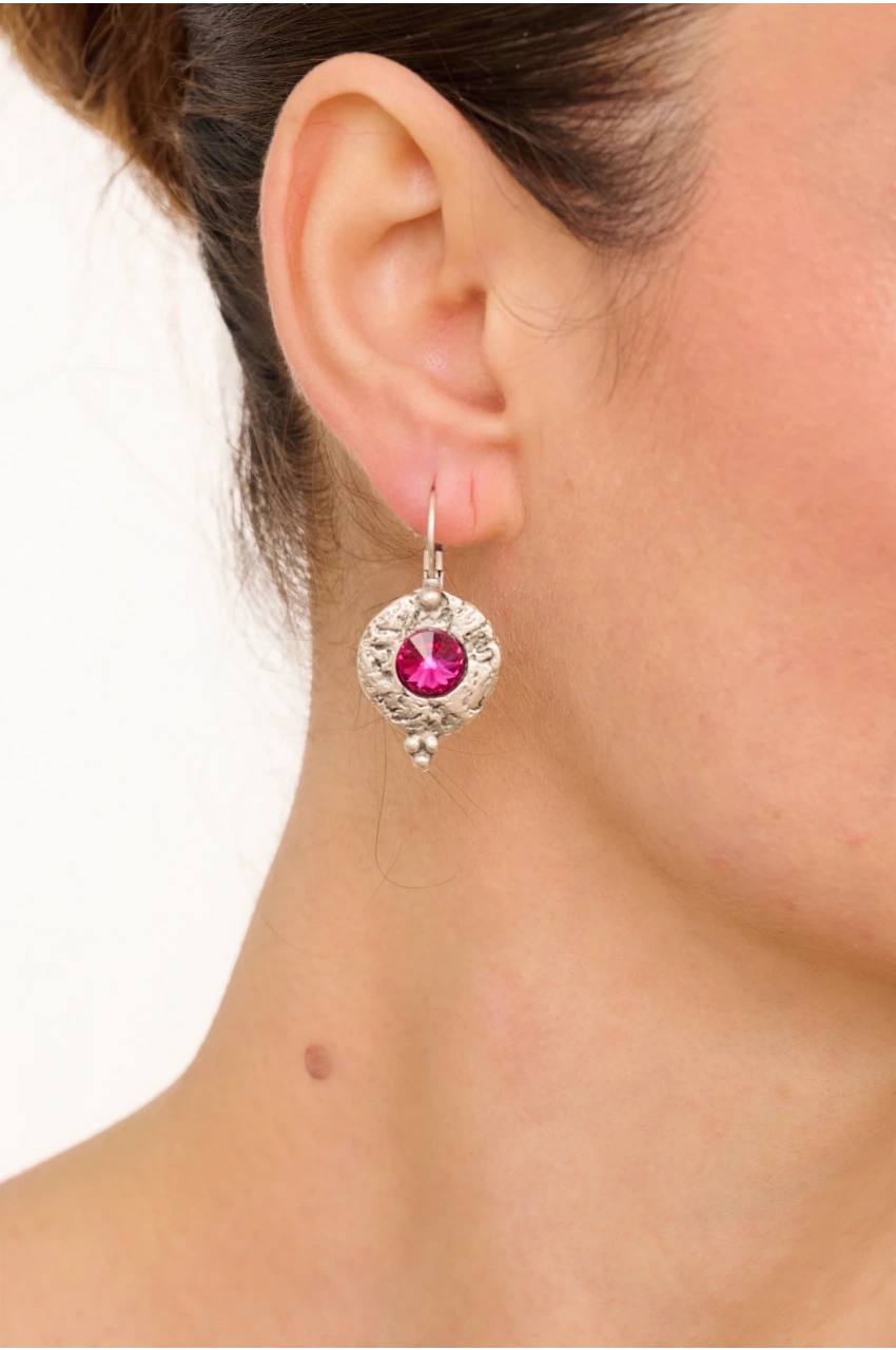 Kiraz Fuchsia Crystal Stoned Silver Plated Earring