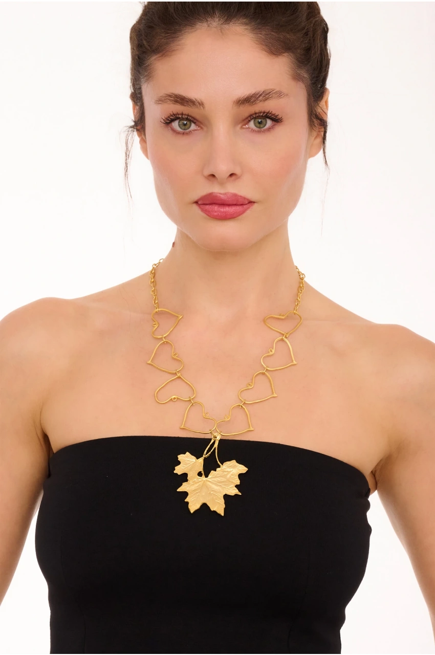 Kiraz Gold Plated Heart And Leaf Necklace