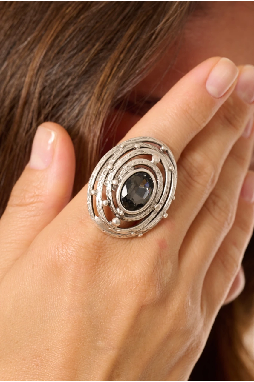 Kiraz Smoked Crystal Stoned Silver Plated Ring