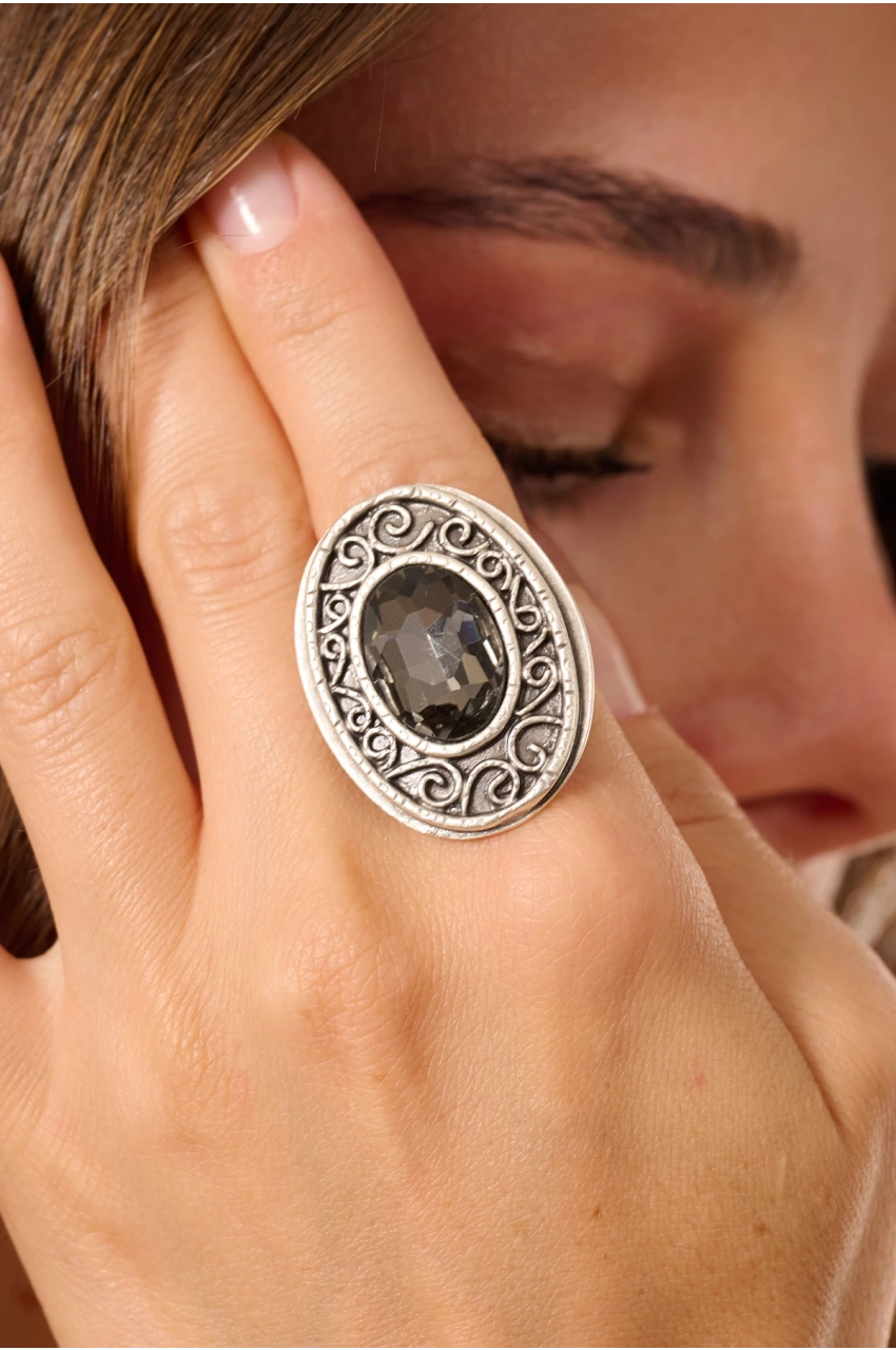 Kiraz Smoked Crystal Stoned Silver Plated Ring