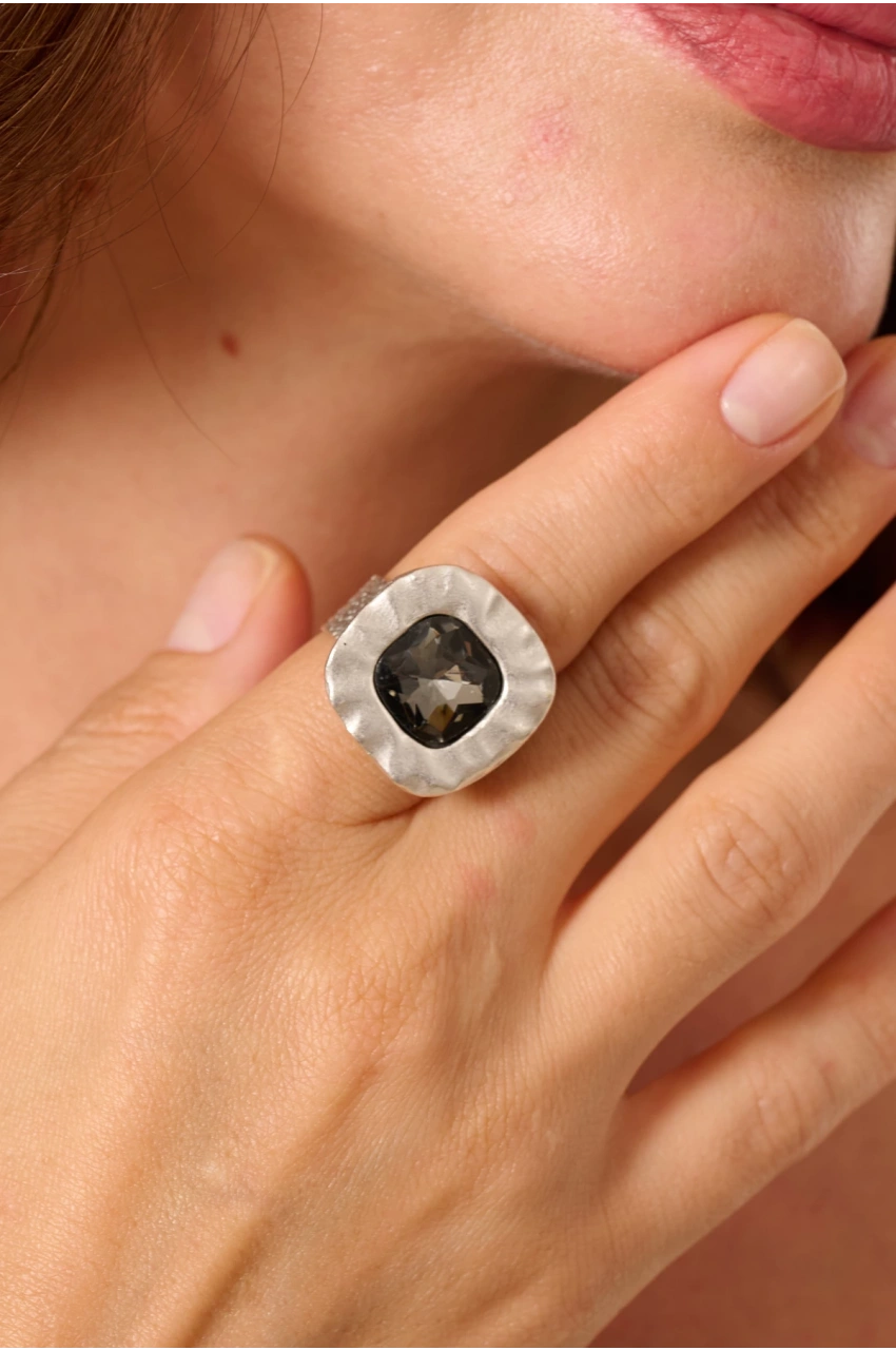 Kiraz Smoked Crystal Stoned Silver Plated Ring