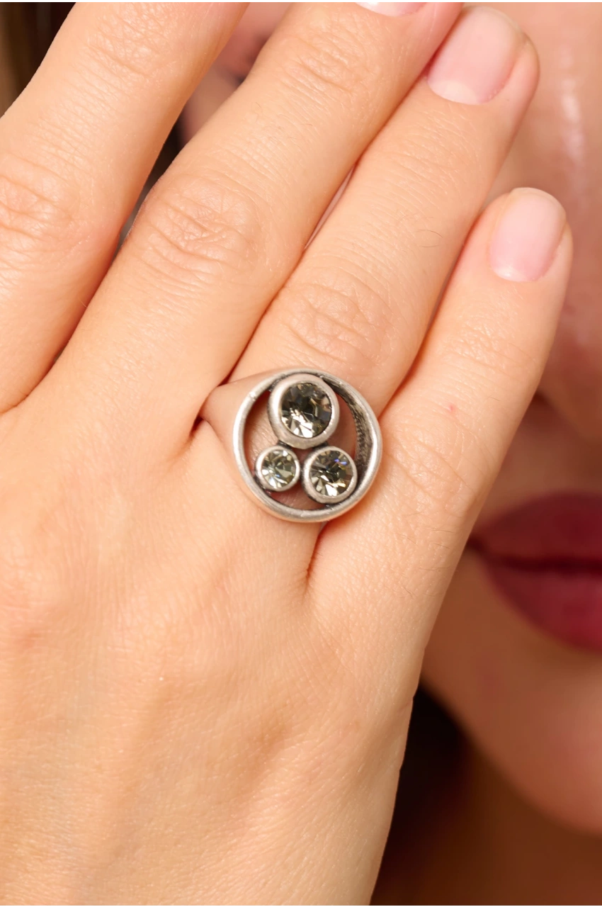 Kiraz Smoked Crystal Stoned Silver Plated Ring