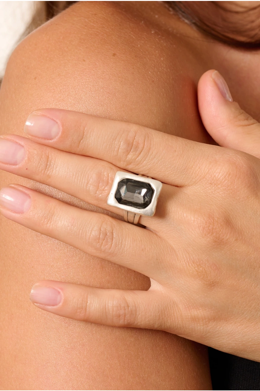 Kiraz Smoked Crystal Stoned Silver Plated Ring