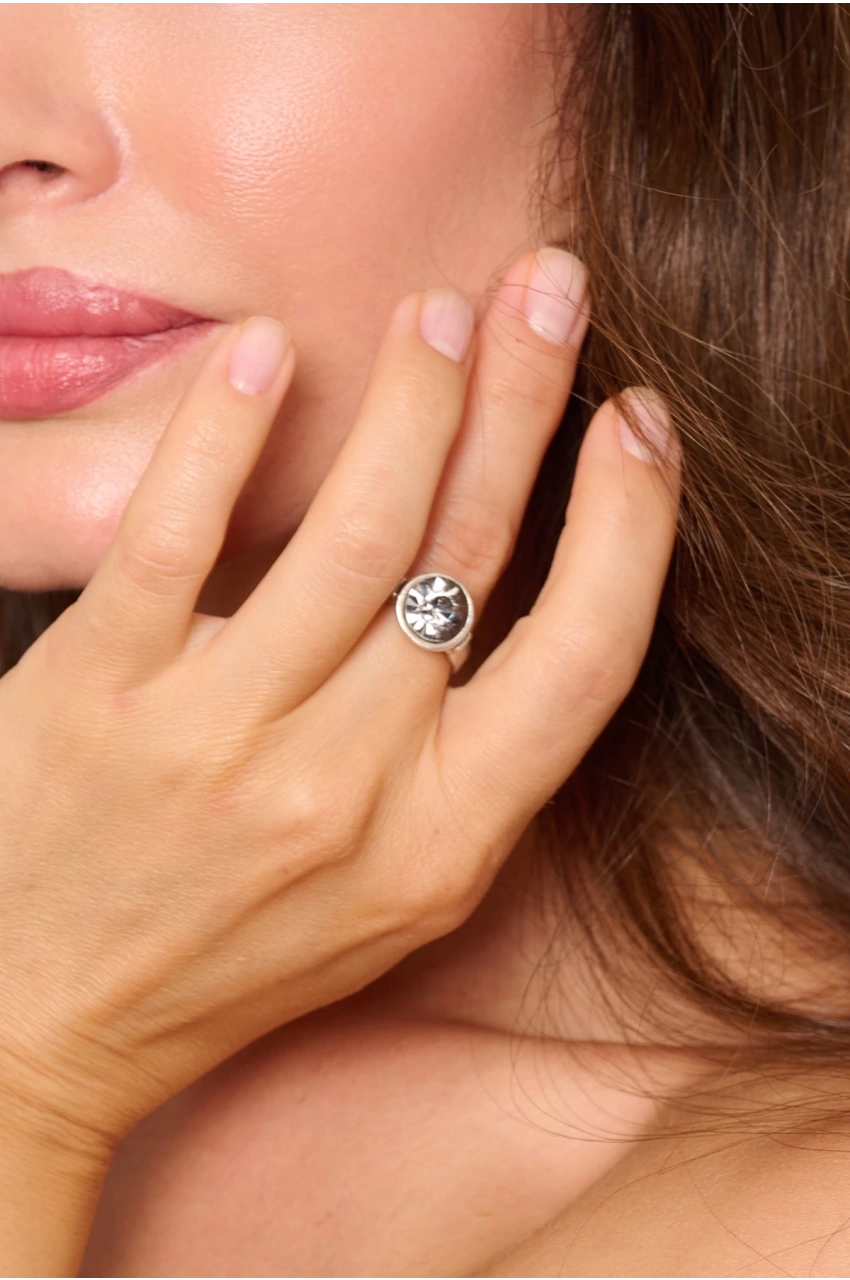 Kiraz Smoked Crystal Stoned Silver Plated Ring