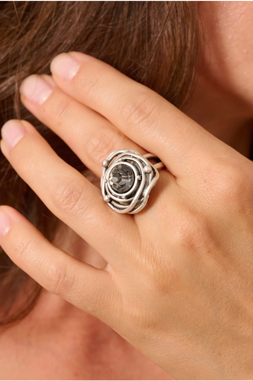 Kiraz Smoked Crystal Stoned Silver Plated Ring